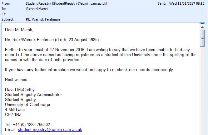 Rick Fentiman claims to be a "Cambridge graduate microbiologist"